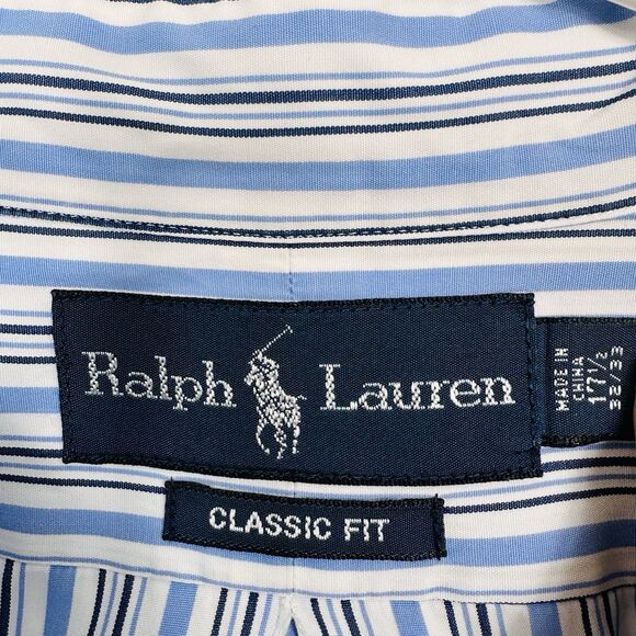 Polo Ralph Lauren Striped Button Down Shirt Mens Size XL 17.5 32/33 White Blue - Picture 7 of 8